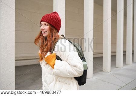 Happy Redhead Girl, Tourist Going Around Town, Exploring Sighsteeing Places In City, Backpacking Aro