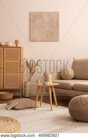 Suny And Bright Interior With Beige Sofa, Round Wooden Coffee Table, Brown Pouf, Rattan Commode, Pil