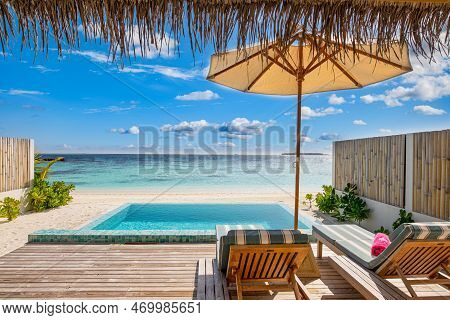 Fantastic Over Water Villa, Terrace View With Sun Beds Chairs Under Umbrella, Luxury Pool Hotel With