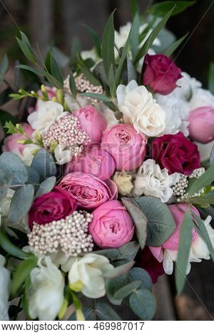 Wedding Bouquet Composed Of Roses, Ozothamnus, Freesia And Eucalyptus. Pink Bridal Bouquet. Wedding 