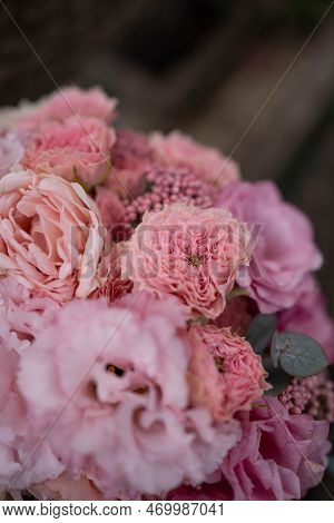 Wedding Bouquet Composed Of Roses, Ozothamnus, Freesia And Eucalyptus. Pink Bridal Bouquet. Wedding 