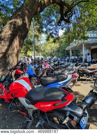 Gulbarga, India- January 18th 2023; Stock Photo Of Two Wheeler Vehicles Parked Outside Of The Govern