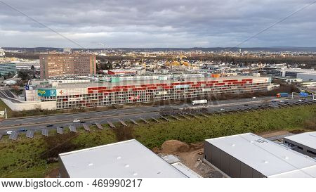 Weiterstadt, Germany February 02 2023: View Over The Commercial Area Of Weiterstadt To The Shopping 