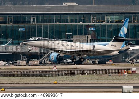 Zurich, Switzerland, January 20, 2023 Gulfstream G650-er Business Aircraft Is Taking Off From Runway
