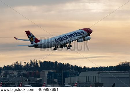 Zurich, Switzerland, January 20, 2023 Edelweiss Airbus A340-313 Aircraft Taking Off From Runway 16