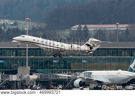 Zurich, Switzerland, January 20, 2023 Gulfstream G650-er Business Aircraft Departing From Runway 28 