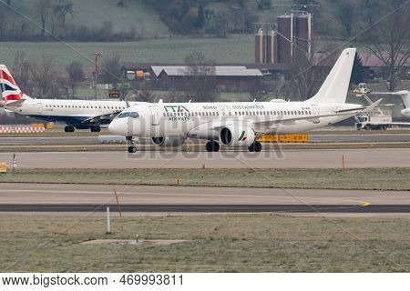 Zurich, Switzerland, January 20, 2023 Ita Airways Bombardier Cs-300 Or A220 Aircraft Is Taxiing To I