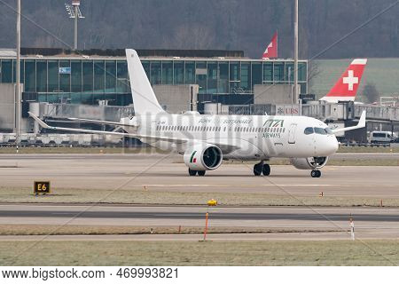 Zurich, Switzerland, January 20, 2023 Ita Airways Bombardier Cs-300 Or A220 Aircraft Is Taxiing To I