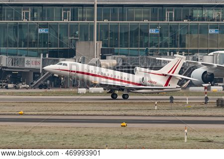 Zurich, Switzerland, January 20, 2023 Dessault Falcon 7x Business Aircraft Takeoff From Runway 28 Af