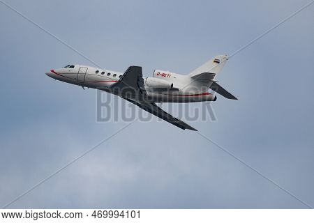 Zurich, Switzerland, January 20, 2023 Dessault Falcon 50ex Business Aircraft Is Departing From Runwa