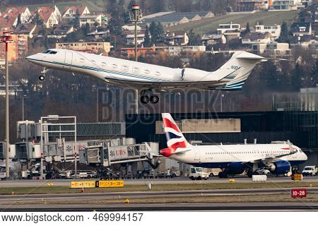 Zurich, Switzerland, January 20, 2023 Gulfstream G650 Business Aircraft Taking Off From Runway 28 Af