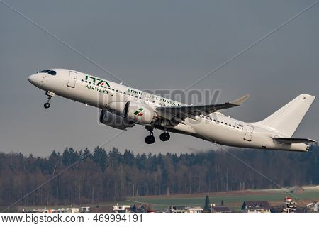 Zurich, Switzerland, January 20, 2023 Ita Italian Airlines Bombardier Cs-300 Od A220 Aircraft Taking