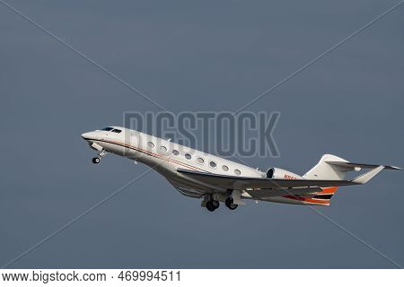 Zurich, Switzerland, January 20, 2023 Gulfstream G650 Business Aircraft Takeoff From Runway 28 After