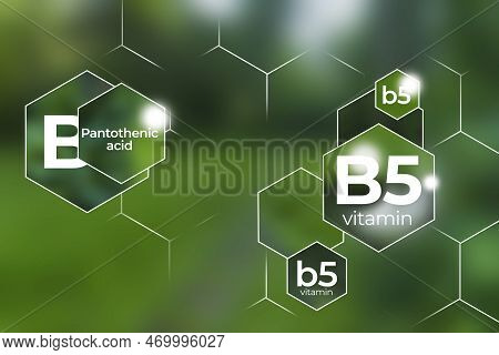 Molecular Model Of Vitamin B5. Hexagons With Vitamin B5 Name, Blurry Background.