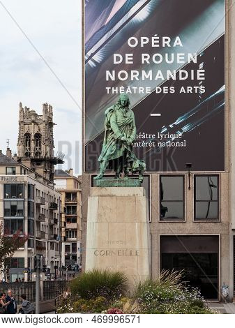 Rouen, France - August 31, 2019: This Is A Monument To The Playwright Corneille Near The Building Of