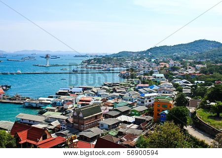 Aerial View Of Fisherman Pier In With Village And Town At Srichang Island ,chonburi ,thailand.