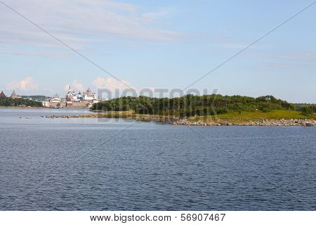 Landscape with the image of Solovetsky monastery on Solovetsky Island in White Sea, Russia