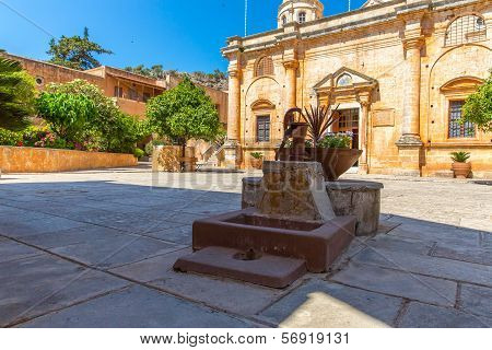 Monastery (friary) In Messara Valley At Crete, Greece. Messara - Is  Largest Plain In  Island Crete
