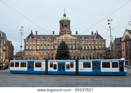 Tram in front of Amsterdam's grand palace