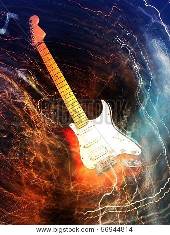 Electric guitar surrounded with the lightnings in color