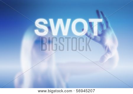 SWOT analysis business concept in blue with businesswoman