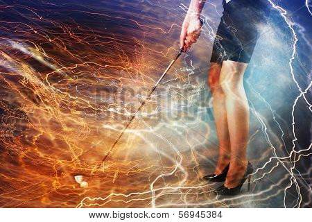 Young businesswoman playing golf concept with lightnings