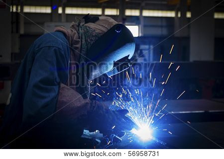 worker with protective mask welding
