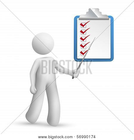 3D Person Pointing At A Clipping Note Pad And Check List