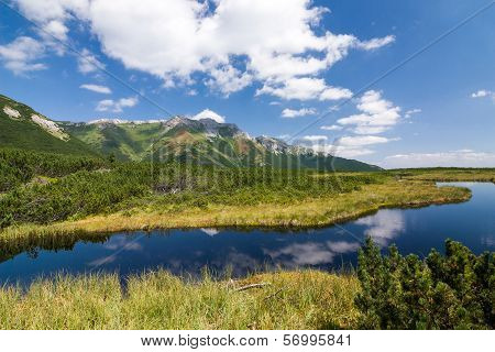 Mountain lake and blue sky with clouds