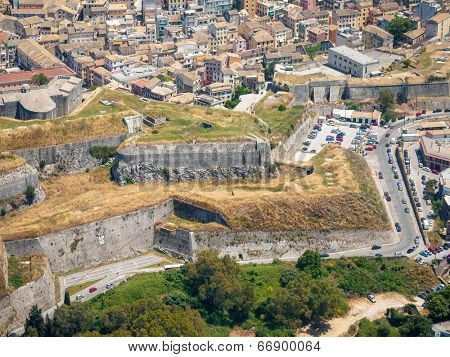 Aerial Kerkyra town fortress- Capital of Corfu isalnd Greece