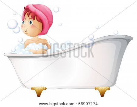 Illustration of a young girl taking a bath on a white background