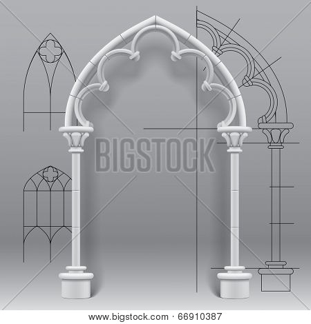 Vector image of the gothic arch against a paper background with architectural draft