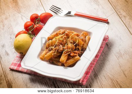 spaghetti with swordfish ragout and lemon peel