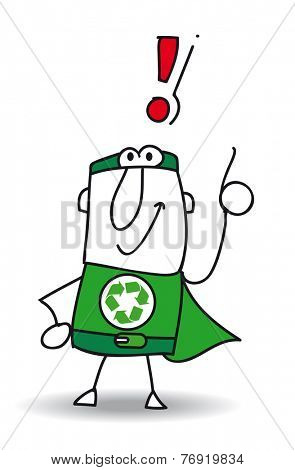 Super Recycling Hero have an idea. Super Recycling Hero with an exclamation marks ! He can help you to recycling your rubbishes !