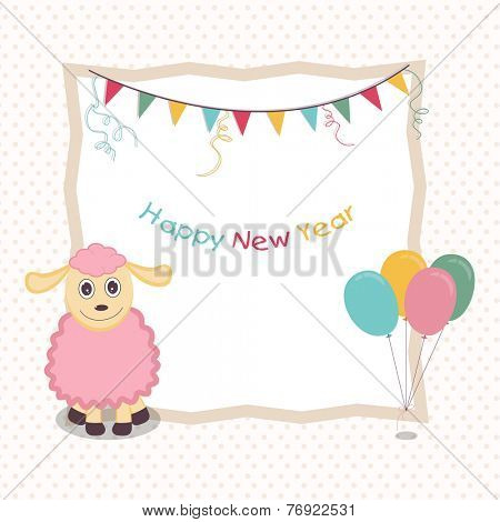 Colorful text of Happy New Year in frame decorated with kiddish sheep, ribbon and balloons on stylish background.
