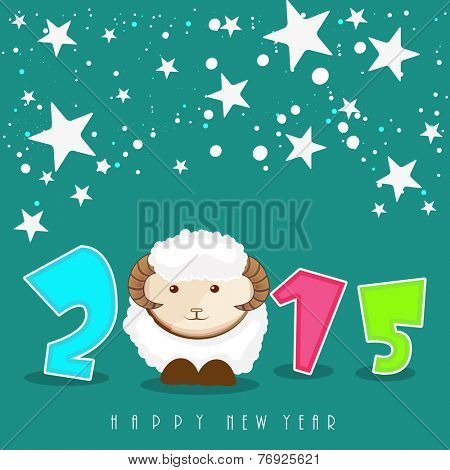 Happy New Year 2015 celebration poster with colorful text and kiddish sheep on stars decorated green background.