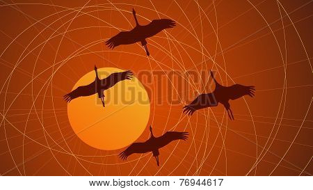 Abstract Cartoon Illustration Flock Of Cranes.