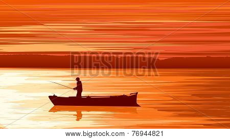 Vector Fisherman Against Orange Sunset.