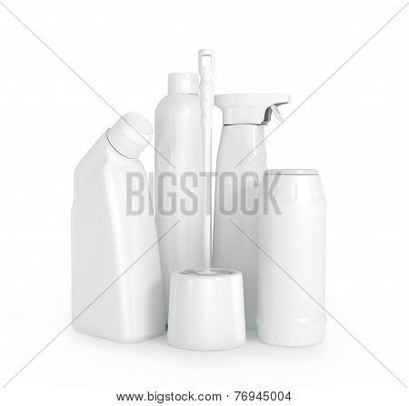 Different Detergent Bottles On White Background. 3D