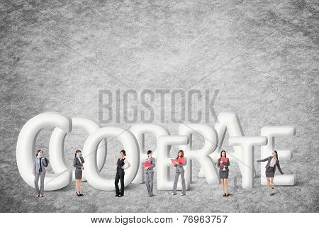 Concept of partner, friends,collaborate with group of business people stand with 3d text. 
