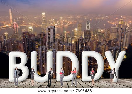 Concept of partner, friends,collaborate with group of business people stand with 3d text. 