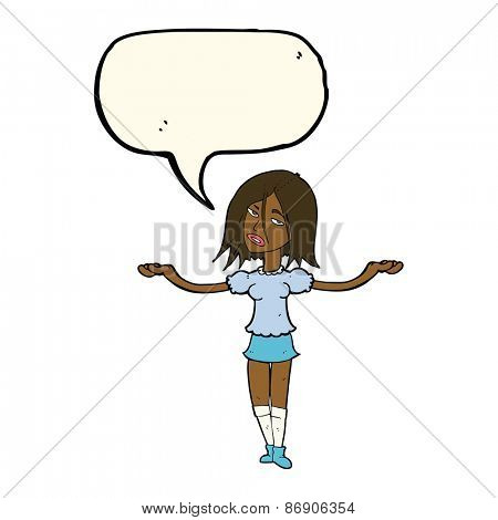 cartoon woman shrugging shoulders with speech bubble