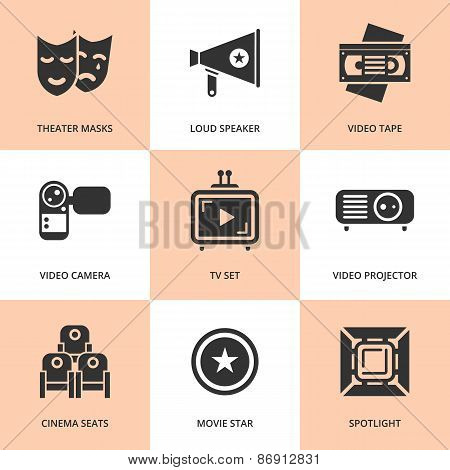 Set of black cinema movie icons. Vector cinema stuff in flat style.