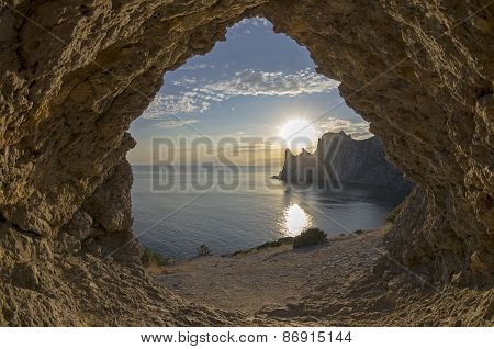 Evening Sun Setting Behind The Coastal Cliffs. Crimea.