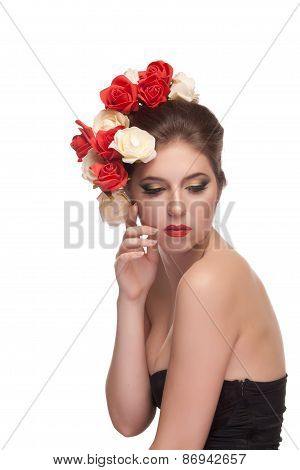 Sensual Woman In Corset On White Background