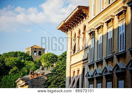 TRIESTE, ITALY - 20 JULY 2013: house and st giusto castle view in historical part of trieste in summ