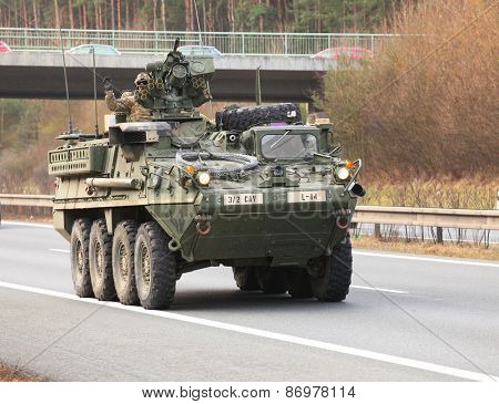 PILSEN CZECH REPUBLIC - APRIL 1, 2015: The M1126 Stryker ICV one part of Dragoon Ride convoy from Operation Atlantic Resolve. Longest march US Army in Europe after second world war.