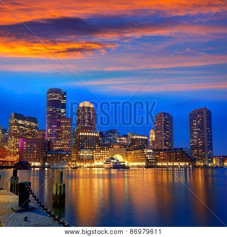 Boston sunset skyline from Fan Pier in Massachusetts USA