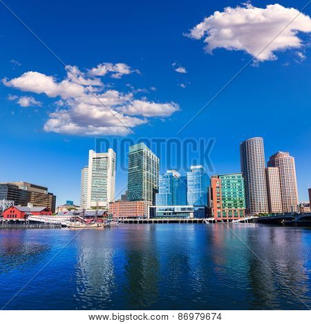 Boston skyline from Fan Pier at sunlight in Massachusetts USA