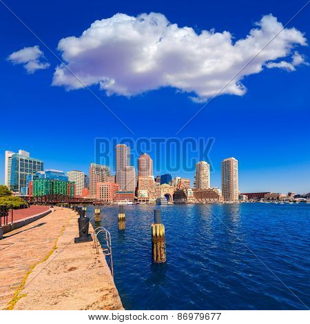 Boston skyline from Fan Pier at sunlight in Massachusetts USA